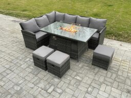 Rackhams Rattan Garden Furniture High Back Corner Sofa Gas Fire Pit Dining Table Sets Gas Heater with 3 Small Footstools 9 Seater Dark Grey Mixed