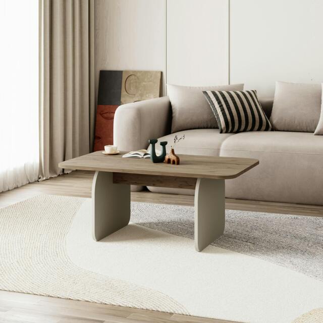 Rackhams Modern Coffee Table Radius Edges with Flat Panel Legs Japandi Style Particleboard Living Room 100cm - Natural Oak-Sandstone - image 1