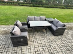 Rackhams 7 Seater Dark Grey Rattan Outdoor Dining Set - Reclining Chair, Loveseat, 2-Seater Sofa & Rectangular Dining Table - thumbnail 2