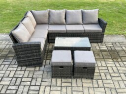 Rackhams 8 Seater Outdoor Furniture Garden Dining Set Rattan Corner Sofa Set with Rectangular Coffee Table 2 Small Footstools Dark Grey Mixed - thumbnail 2