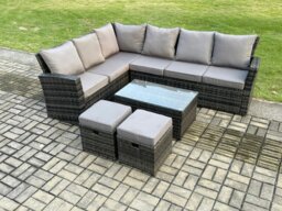 Rackhams 8 Seater Outdoor Furniture Garden Dining Set Rattan Corner Sofa Set with Rectangular Coffee Table 2 Small Footstools Dark Grey Mixed
