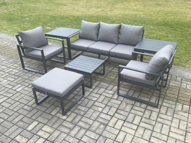 Rackhams Aluminium 6 Seater Outdoor Lounge Sofa Set Garden Furniture Sets with Square Coffee Table Chair Big Footstool 2 Side Tables Dark Grey - image 1