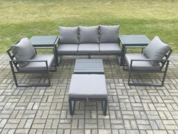 Rackhams Aluminium 6 Seater Outdoor Lounge Sofa Set Garden Furniture Sets with Square Coffee Table Chair Big Footstool 2 Side Tables Dark Grey - thumbnail 2