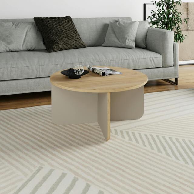 Rackhams Hillary Modern Round Soft Coffee Table 80cm Circle Centre Table Curved Design Legs for Living Room,Office - Oak-Sandstone
