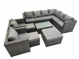 Rackhams Patio Sofa Oblong Coffee Table Set Rattan Garden Furniture Set with 2 Chairs 3 Stools Dark Grey Mixed - thumbnail 1