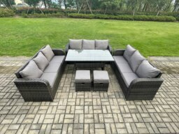 Rackhams Rattan Garden Furniture Set with Oblong Rectangular Dining Table 2 Small Footstools 11 Seater Outdoor Lounge Sofa Set Dark Grey Mixed - thumbnail 1