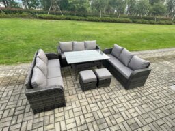Rackhams Rattan Garden Furniture Set with Oblong Rectangular Dining Table 2 Small Footstools 11 Seater Outdoor Lounge Sofa Set Dark Grey Mixed - thumbnail 2