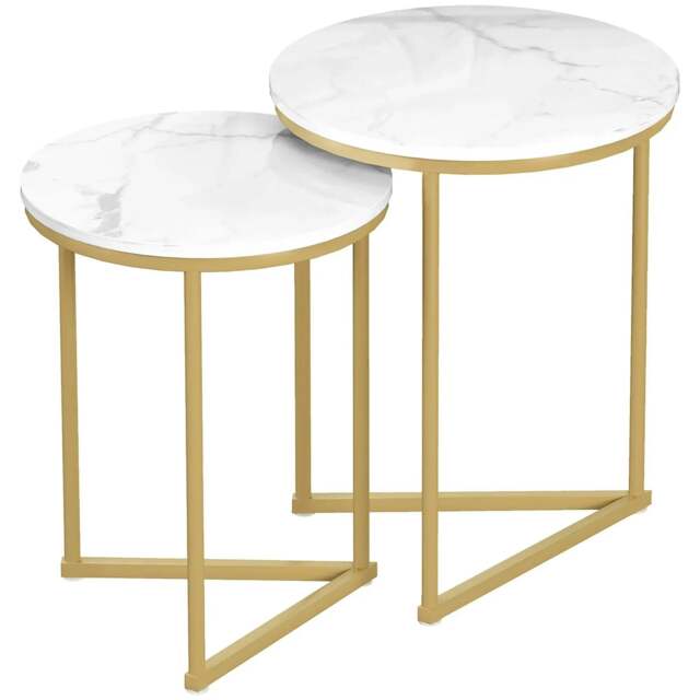 Rackhams Set of Two Marble-Effect Nest of Tables - White/Gold-Tone