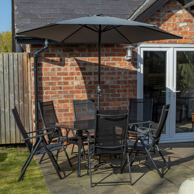 Rackhams Outdoor 6 Person Rectangular Glass Top Garden Dining Table Chairs With Grey Havana Parasol and Base Set - Outdoor Furniture Sets - image 1
