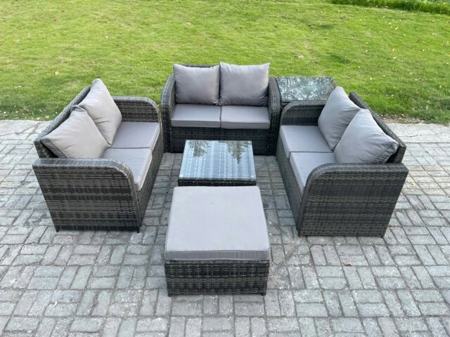 Rackhams Outdoor Garden Furniture Sets 7 Seater Wicker Rattan Furniture Sofa Sets with Square Coffee Table Love seat Sofa Big Footstool Side Table - image 1