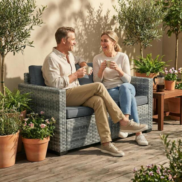 Rackhams 2 Seater Rattan Garden Sofa with Deep Seat, Wide Arms, Mixed Grey - 1 - PE Rattan, Steel - 128 x 68 x 71 cm - image 1