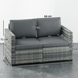 Rackhams 2 Seater Rattan Garden Sofa with Deep Seat, Wide Arms, Mixed Grey - 1 - PE Rattan, Steel - 128 x 68 x 71 cm - thumbnail 3