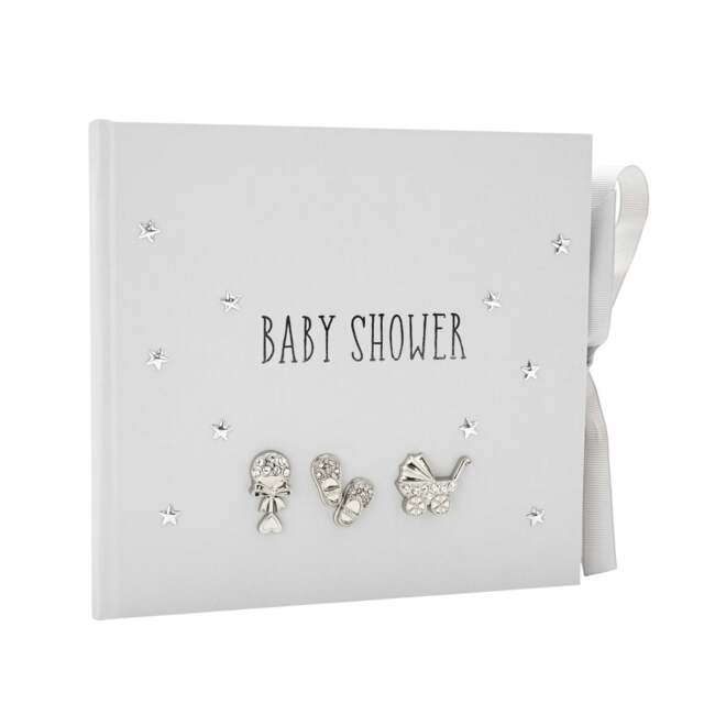 Rackhams Baby Shower Photo Album with Silver Plated Rattle Pram and Booties - image 1