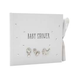 Rackhams Baby Shower Photo Album with Silver Plated Rattle Pram and Booties