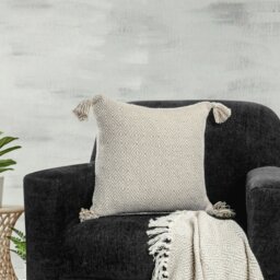 Rackhams Shabby Chic Vintage Look Tassel Edge Cushion - 43cm x 43cm - Beige - thumbnail 1