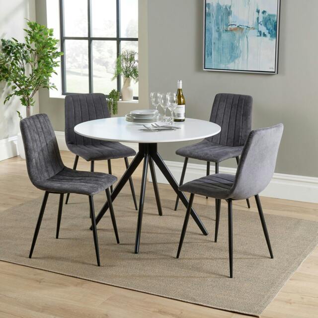 Rackhams Aspen Dining Set - White Round Table & 4 Upholstered Straight Stitch Dining Chairs - Grey - image 1