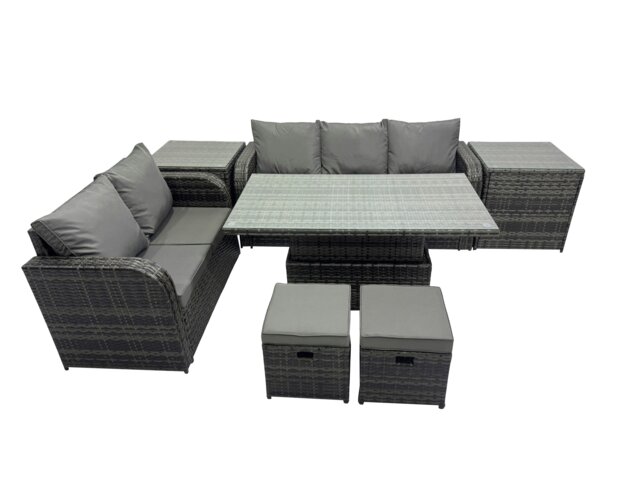Rackhams Rattan Garden Furniture Dining Set 7 seater Patio Height Adjustable Rising Lifting Table Sofa Set with 2 Small Footstools Dark Grey Mixed - image 1