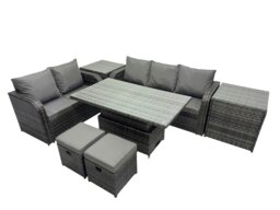 Rackhams Rattan Garden Furniture Dining Set 7 seater Patio Height Adjustable Rising Lifting Table Sofa Set with 2 Small Footstools Dark Grey Mixed - thumbnail 2