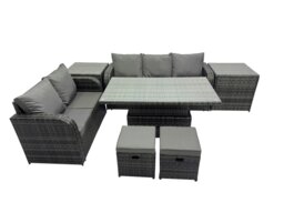 Rackhams Rattan Garden Furniture Dining Set 7 seater Patio Height Adjustable Rising Lifting Table Sofa Set with 2 Small Footstools Dark Grey Mixed - thumbnail 1
