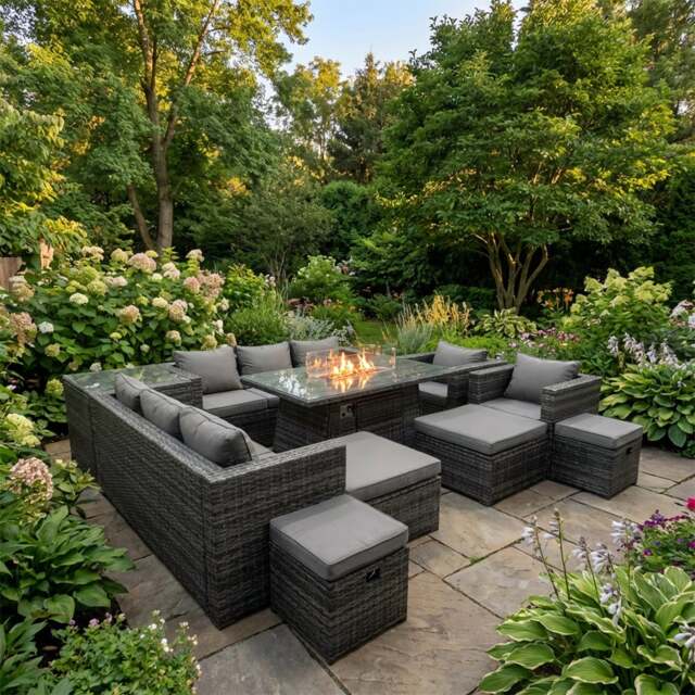 Rackhams 12 Seater Rattan Garden Furniture Set with Fire Pit Dining Table, 2 Sofas, 2 Chairs, Side Table & 4 Footstools - image 1