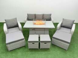 Rackhams PE Rattan Lounge Sofa Set 9 Seater Outdoor Garden Furniture Set with Gas Fire Pit Table 3 Seater Sofa 2 Big Footstools Light Grey - thumbnail 1