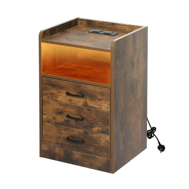 Rackhams Bedside Table Nightstand USB Charger Outlet RGB LED 3 Drawers Storage - Oak - image 1