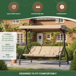 Rackhams Heavy Duty Garden 3 Seater Swing Seat and Hammock Bed with Canopy, Steel Frame and Textaline Base, Thick Shower Proof Cushions - thumbnail 6