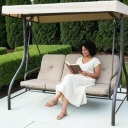 Rackhams Heavy Duty Garden 3 Seater Swing Seat and Hammock Bed with Canopy, Steel Frame and Textaline Base, Thick Shower Proof Cushions - thumbnail 5