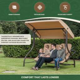 Rackhams Heavy Duty Garden 3 Seater Swing Seat and Hammock Bed with Canopy, Steel Frame and Textaline Base, Thick Shower Proof Cushions - thumbnail 4