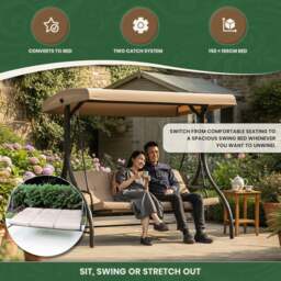 Rackhams Heavy Duty Garden 3 Seater Swing Seat and Hammock Bed with Canopy, Steel Frame and Textaline Base, Thick Shower Proof Cushions - thumbnail 3