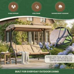 Rackhams Heavy Duty Garden 3 Seater Swing Seat and Hammock Bed with Canopy, Steel Frame and Textaline Base, Thick Shower Proof Cushions - thumbnail 5