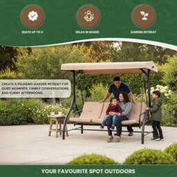 Rackhams Heavy Duty Garden 3 Seater Swing Seat and Hammock Bed with Canopy, Steel Frame and Textaline Base, Thick Shower Proof Cushions - thumbnail 2