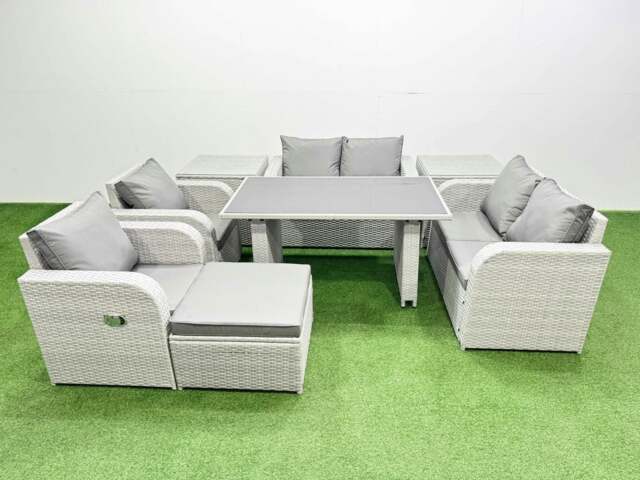 Rackhams 8 Pieces Outdoor PE Rattan Sofa Reclining Chair Set Patio Garden Furniture Sets with Cushions 2 Side Tables Big Stool Light Grey - image 1