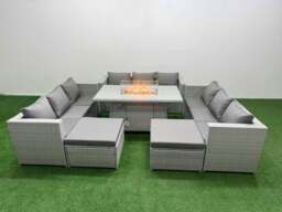 Rackhams PE Rattan Lounge Sofa Set Outdoor Garden Furniture Set with Fire Pit Dining Table 3 Seater Sofa Light Grey - thumbnail 2
