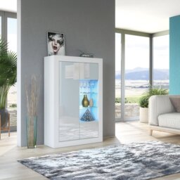 "Rackhams Elegant 140cm Cabinet Sideboard with White High Gloss Doors and Free LED"" - 140 cm  - White Matt Body & White Gloss Doors - 1" - thumbnail 3