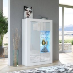 "Rackhams Elegant 140cm Cabinet Sideboard with White High Gloss Doors and Free LED"" - 140 cm  - White Matt Body & White Gloss Doors - 1" - thumbnail 6