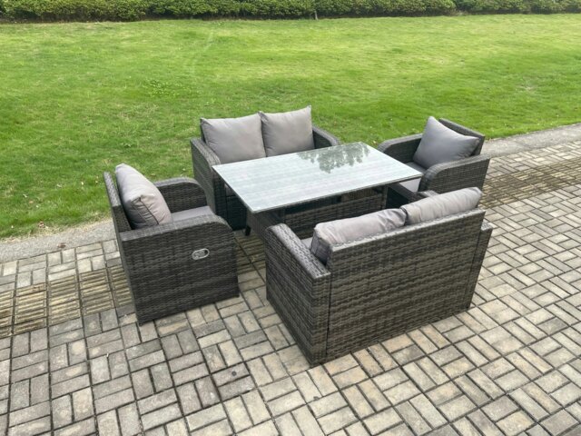 Rackhams 6 Seater Lounge Rattan Sofa Set Outdoor Garden Furniture Oblong Rectangular Dining Table With Chairs Love Sofa Dark Grey Mixed - image 1
