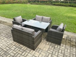 Rackhams 6 Seater Lounge Rattan Sofa Set Outdoor Garden Furniture Oblong Rectangular Dining Table With Chairs Love Sofa Dark Grey Mixed - thumbnail 2