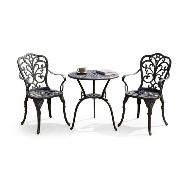 Rackhams BANGUI Black Garden and Patio Table and 2 Chairs Cast Aluminium Bistro Set - image 1