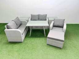 Rackhams 6 Seater Outdoor Rattan Garden Furniture Set Love Sofa Reclining Chair Set with Rectangular Dining Table 2 Side Tables Big Footstool Light Grey - thumbnail 1