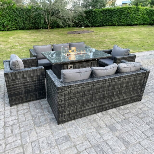 Rackhams 8 Seater Rattan Outdoor Lounge & Dining Set with Gas Fire Pit Table, 2 Sofas & 2 Chairs - Dark Grey - image 1