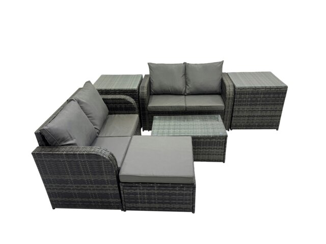 Rackhams Outdoor Love Sofa Coffee Table Set Garden Rattan Furniture Set 5 Seater with 2 Side Tables Big Stool Dark Grey - image 1