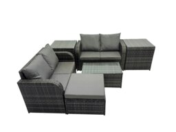 Rackhams Outdoor Love Sofa Coffee Table Set Garden Rattan Furniture Set 5 Seater with 2 Side Tables Big Stool Dark Grey - thumbnail 1