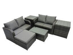 Rackhams Outdoor Love Sofa Coffee Table Set Garden Rattan Furniture Set 5 Seater with 2 Side Tables Big Stool Dark Grey - thumbnail 2