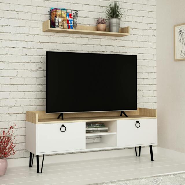 Rackhams Keday Modern TV Unit Multimedia Centre Oak with Wall Shelf Unit 140cm - White - image 1