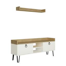 Rackhams Keday Modern TV Unit Multimedia Centre Oak with Wall Shelf Unit 140cm - White - thumbnail 2