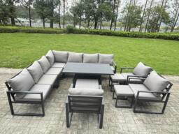 Rackhams 13 Seater Aluminium L-shaped Garden Furniture Set with Adjustable Rising Dining Table, 3 Footstools, 3 Chairs - Dark Grey - thumbnail 2