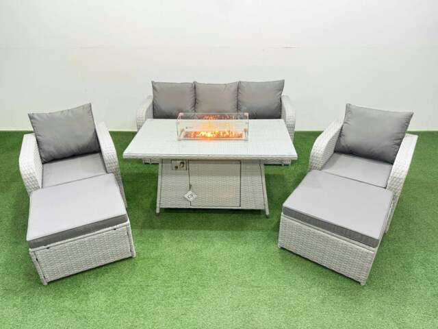 Rackhams PE Rattan Garden Furniture Set Reclining Chair Sofa Lounge Sofa Set Fire Pit Dining Table 2 Big Footstool Light Grey - image 1