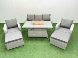 Rackhams PE Rattan Garden Furniture Set Reclining Chair Sofa Lounge Sofa Set Fire Pit Dining Table 2 Big Footstool Light Grey - thumbnail 1