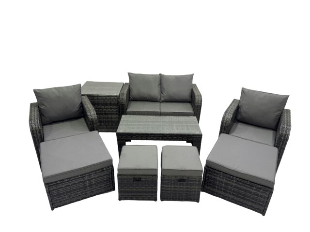 Rackhams 3 Seater Sofa Reclining Chair Coffee Table Set Rattan Garden Outdoor Furniture Set with Side Tables 4 Stool Dark Grey Mixed - image 1